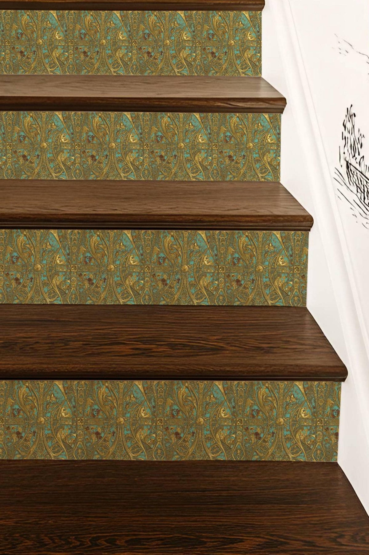 Gilded Art Nouveau Turquoise peel and stick stair riser decals