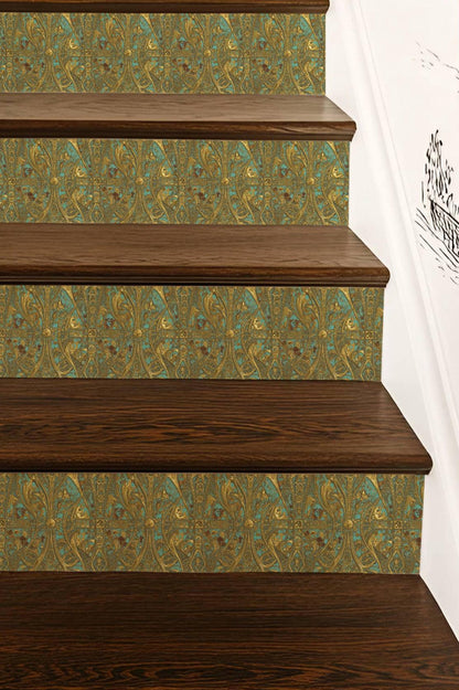 Gilded Art Nouveau Turquoise peel and stick stair riser decals