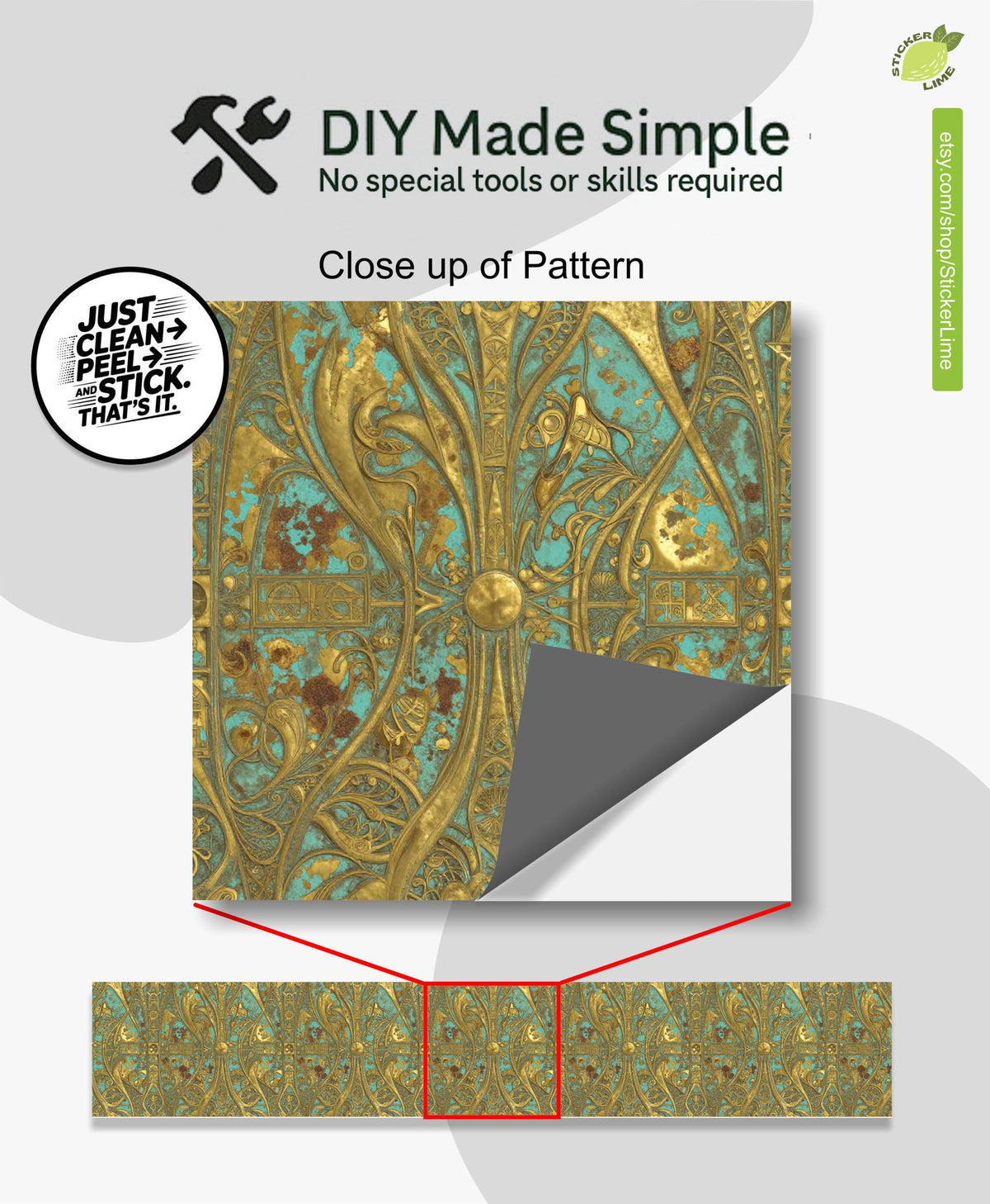 Gilded Art Nouveau Turquoise peel and stick stair riser decals, photo 2 of 8