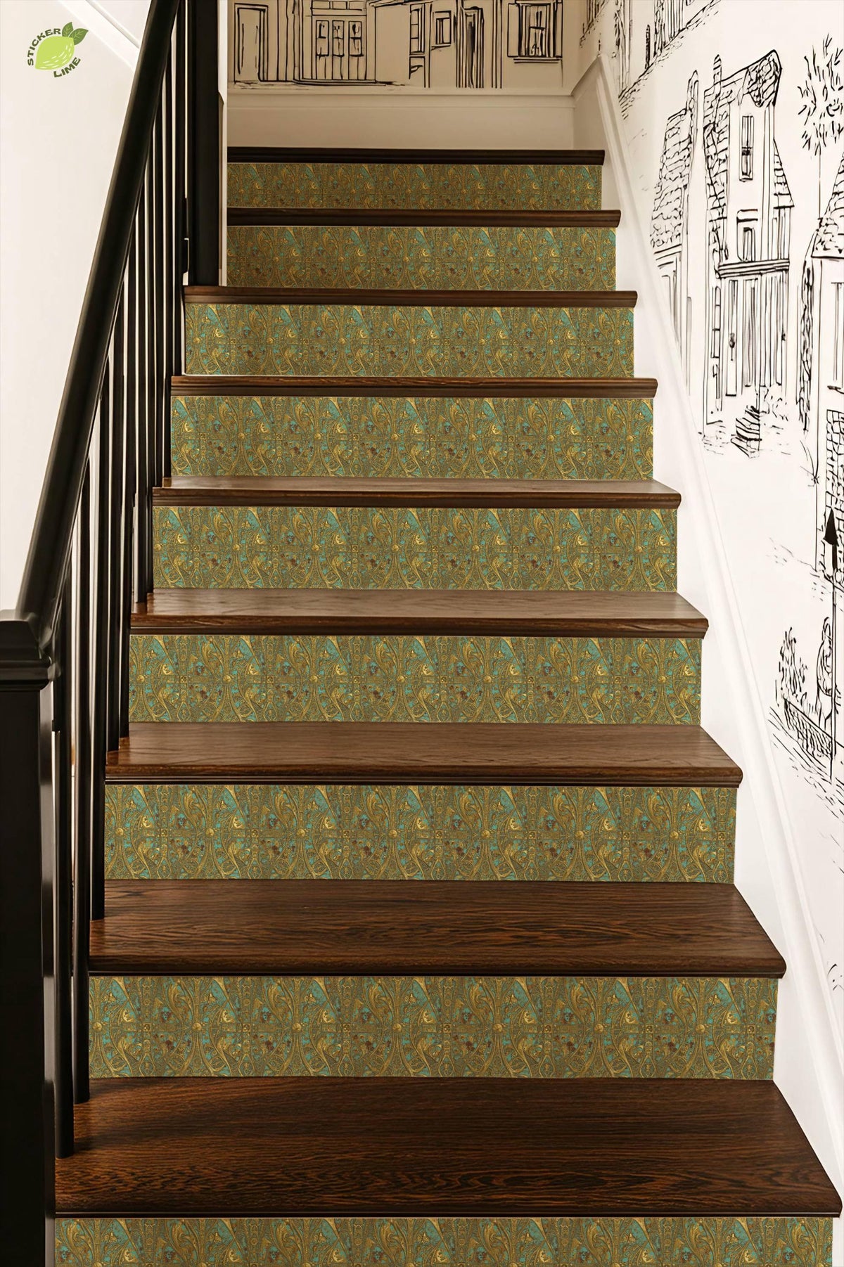 Gilded Art Nouveau Turquoise peel and stick stair riser decals, photo 4 of 8