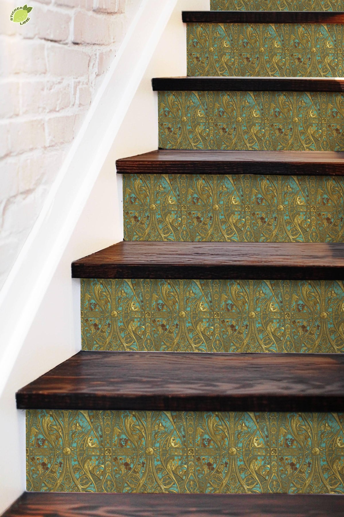Gilded Art Nouveau Turquoise peel and stick stair riser decals, photo 5 of 8
