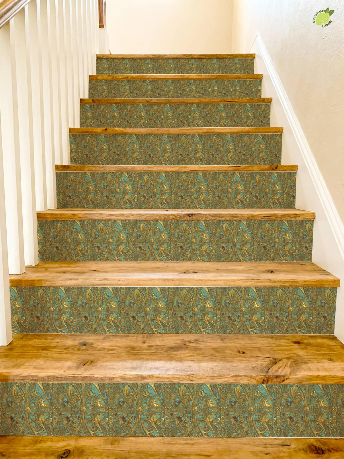 Gilded Art Nouveau Turquoise peel and stick stair riser decals, photo 8 of 8