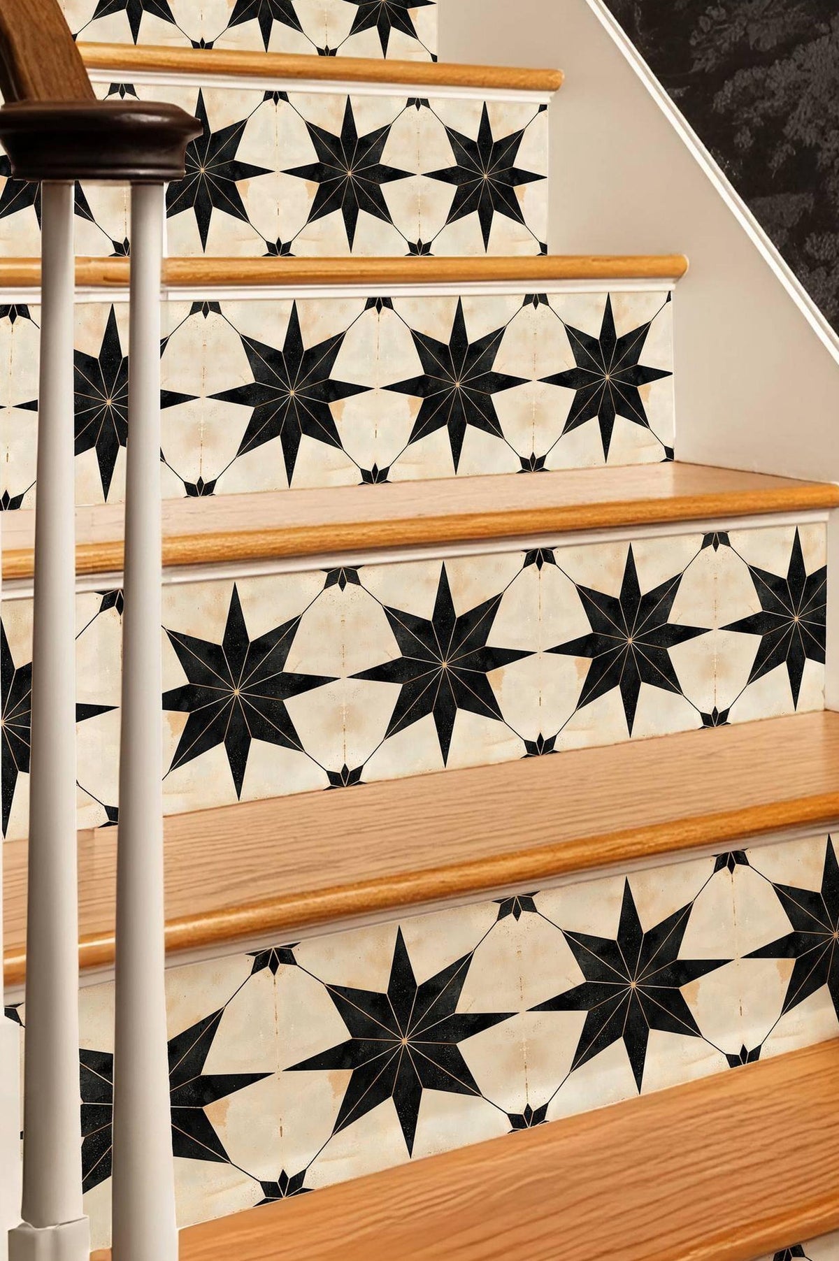Gold & Black Boho Star peel and stick stair riser decals