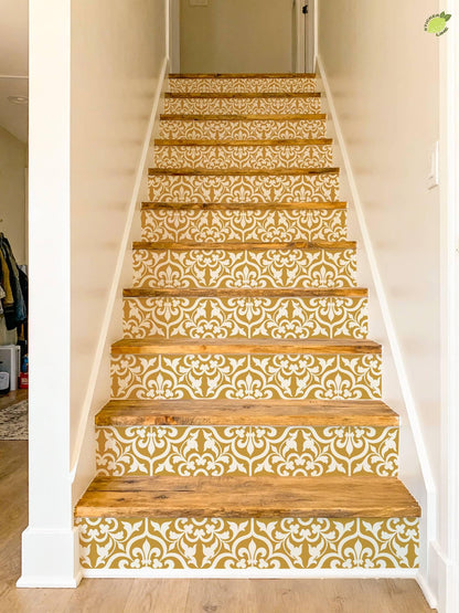 Gold and Cream Damask Floral peel and stick stair riser decals