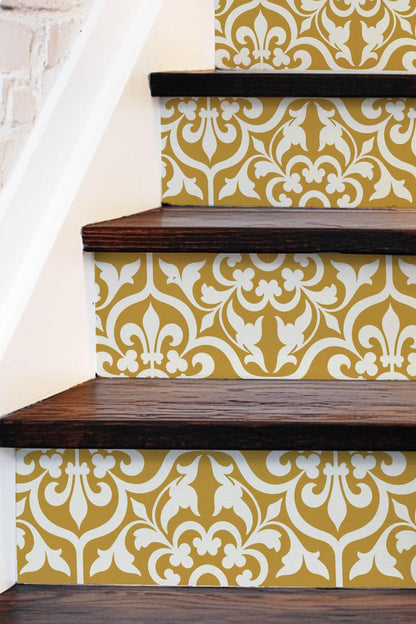 Gold and Cream Damask Floral peel and stick stair riser decals, photo 2 of 8