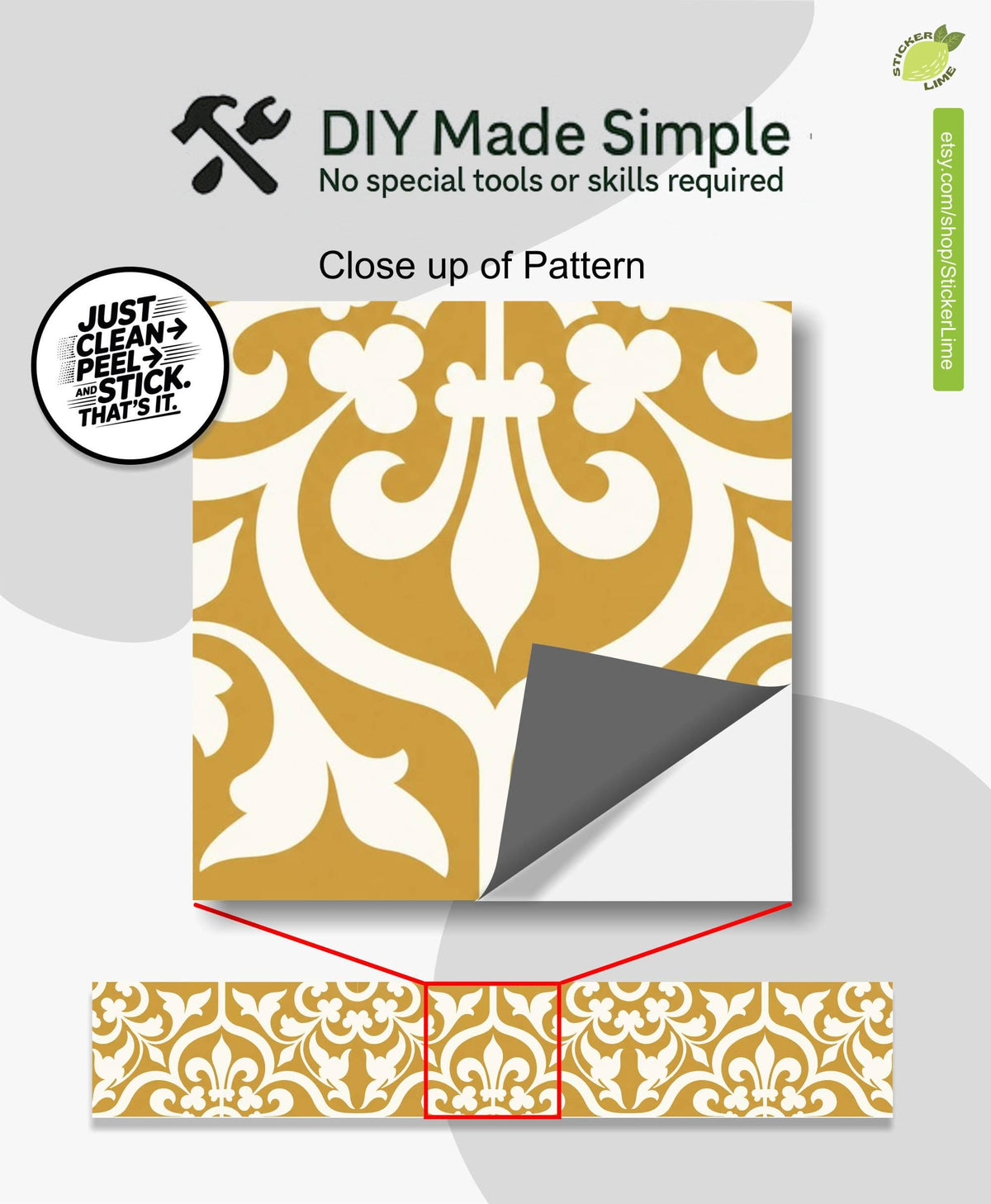 Gold and Cream Damask Floral peel and stick stair riser decals, photo 3 of 8