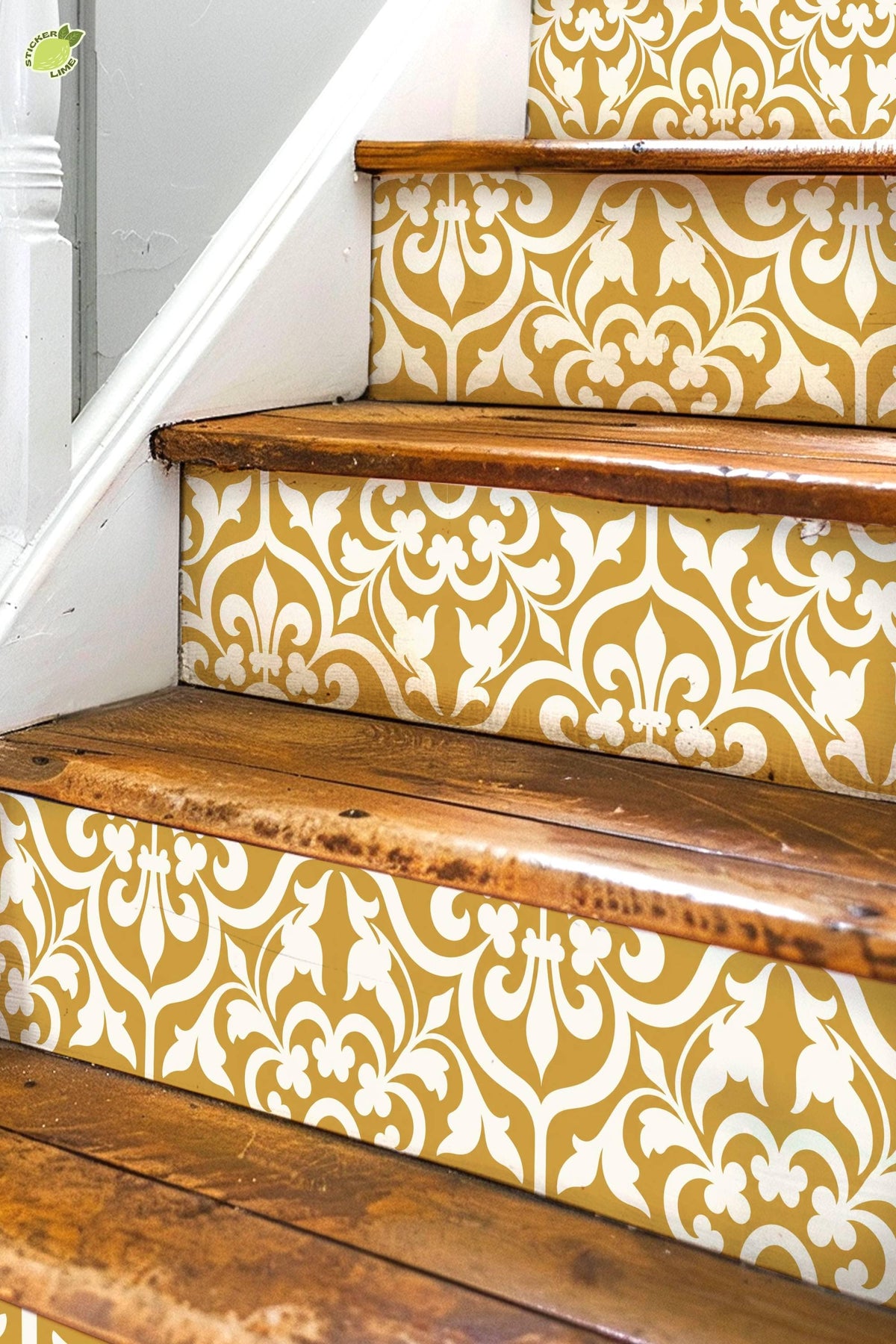 Gold and Cream Damask Floral peel and stick stair riser decals, photo 4 of 8