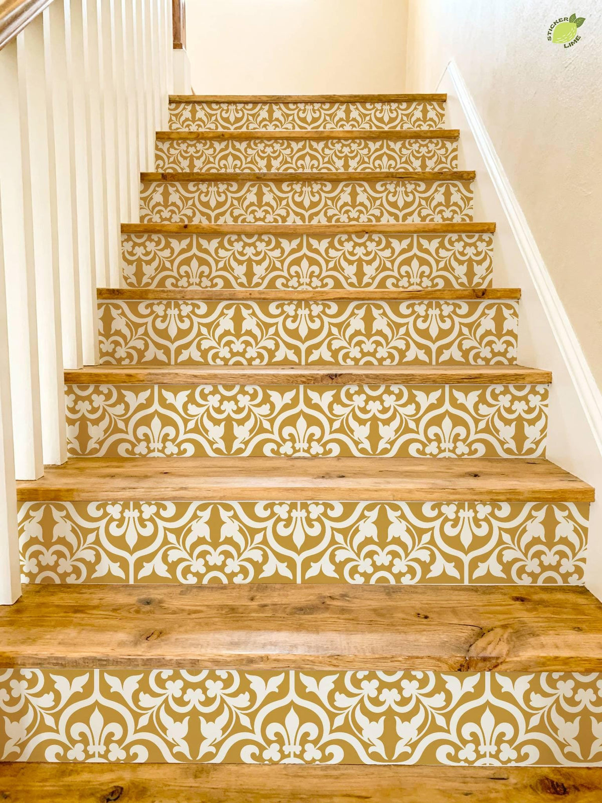 Gold and Cream Damask Floral peel and stick stair riser decals, photo 5 of 8