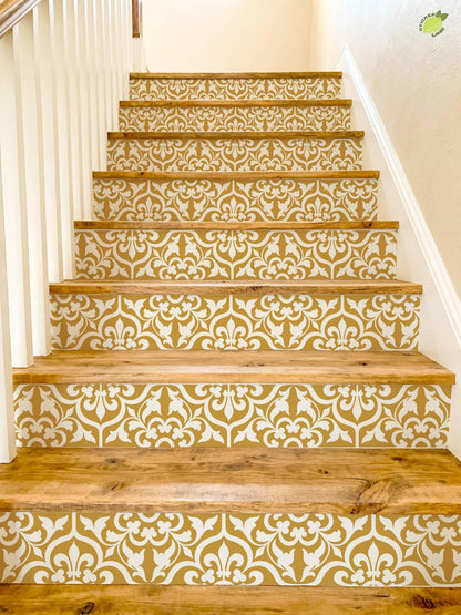 Gold and Cream Damask Floral peel and stick stair riser decals, photo 5 of 8