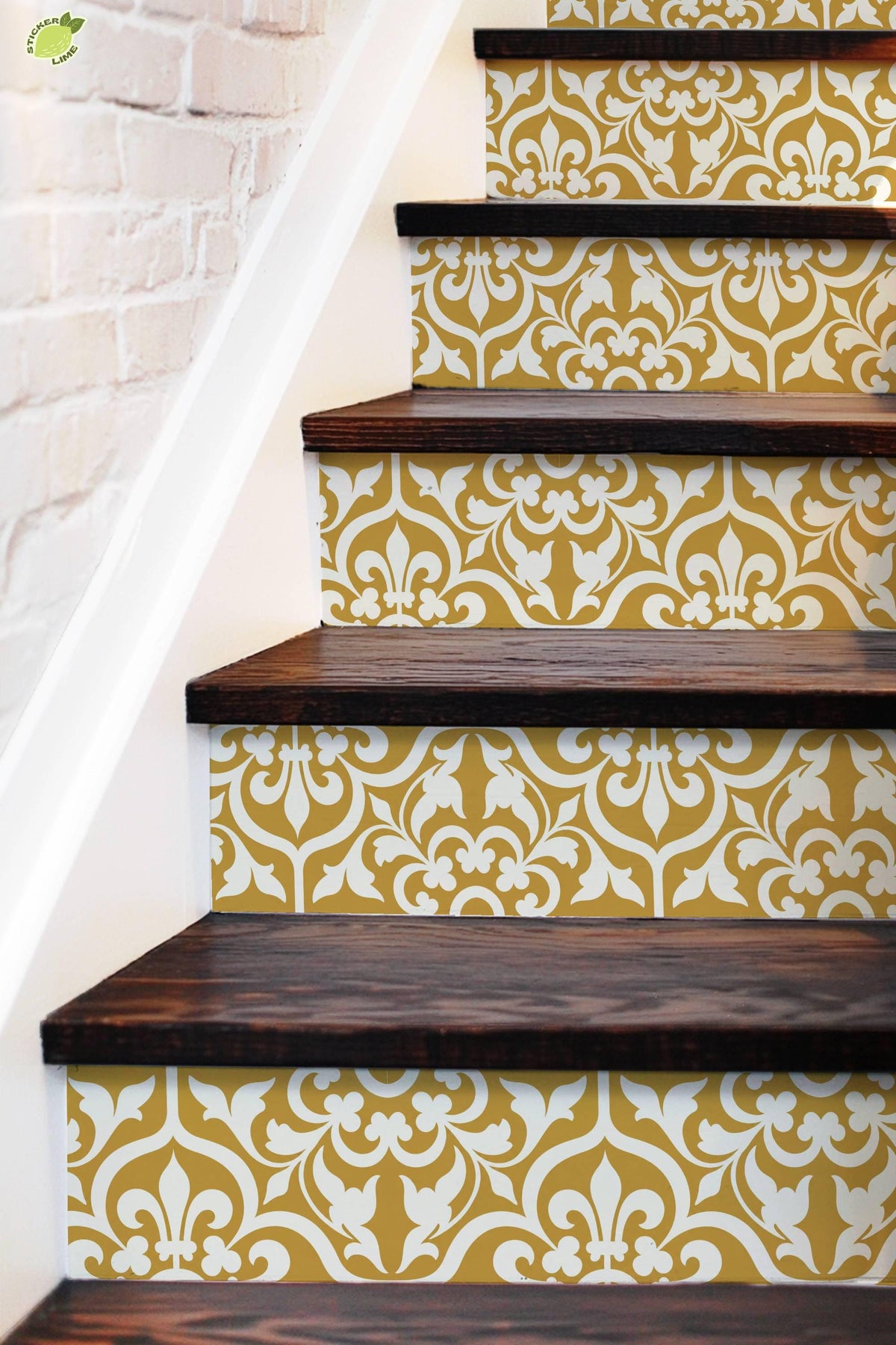Gold and Cream Damask Floral peel and stick stair riser decals, photo 6 of 8