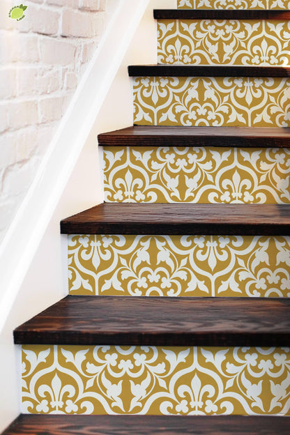 Gold and Cream Damask Floral peel and stick stair riser decals, photo 6 of 8