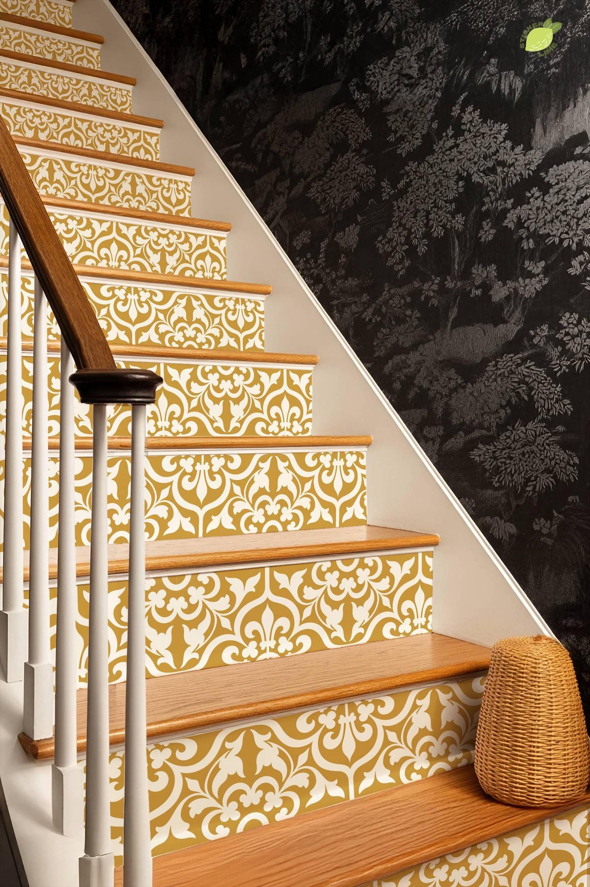 Gold and Cream Damask Floral peel and stick stair riser decals, photo 8 of 8