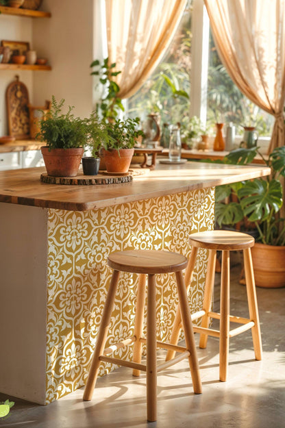 Gold and Cream Damask Floral peel and stick tile decals