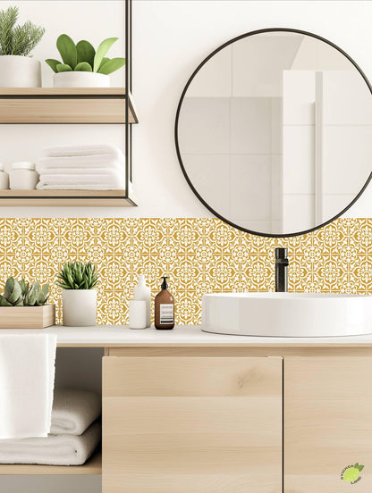 Gold and Cream Damask Floral peel and stick tile decals, photo 3 of 8