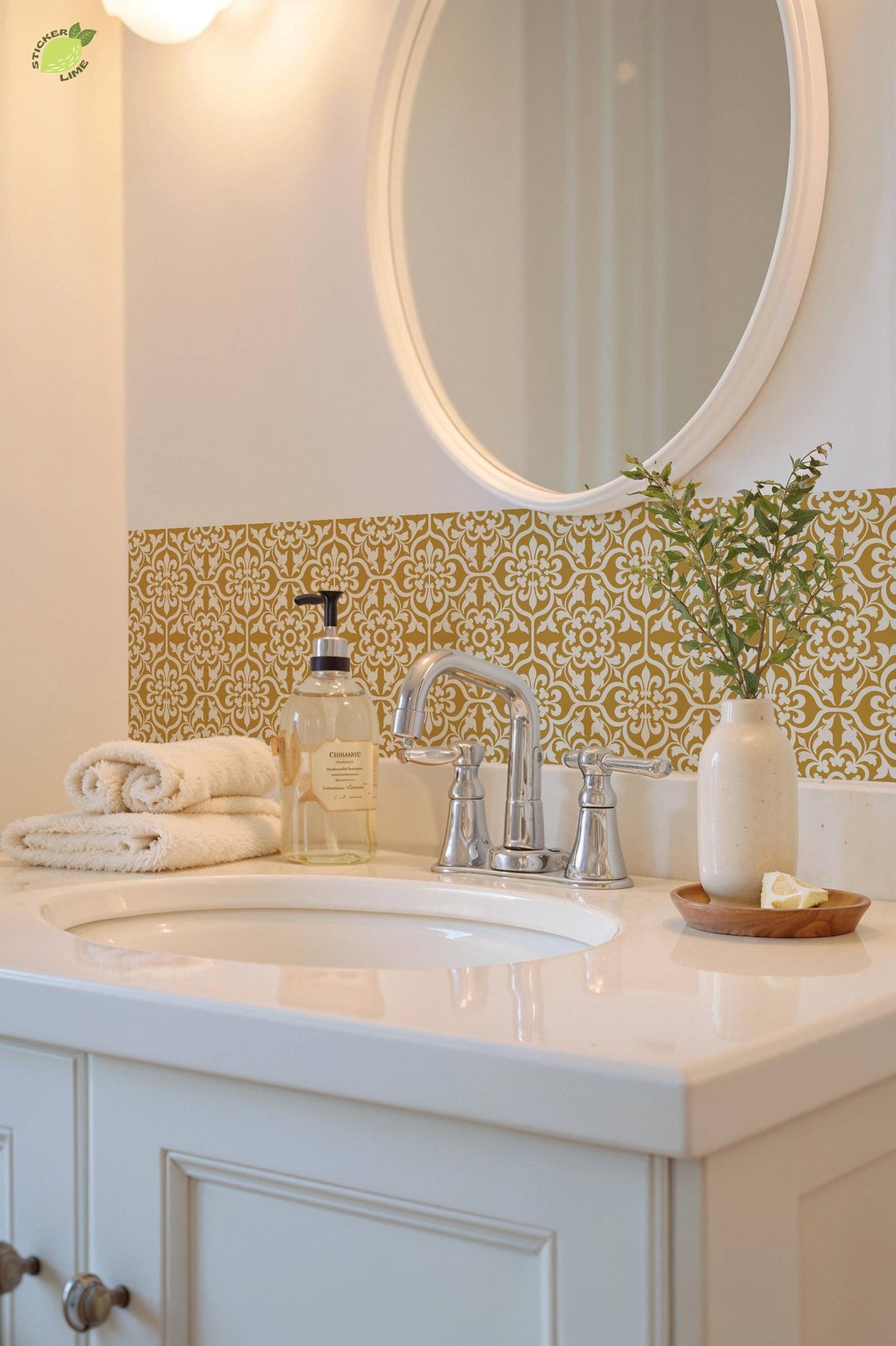 Gold and Cream Damask Floral peel and stick tile decals, photo 7 of 8