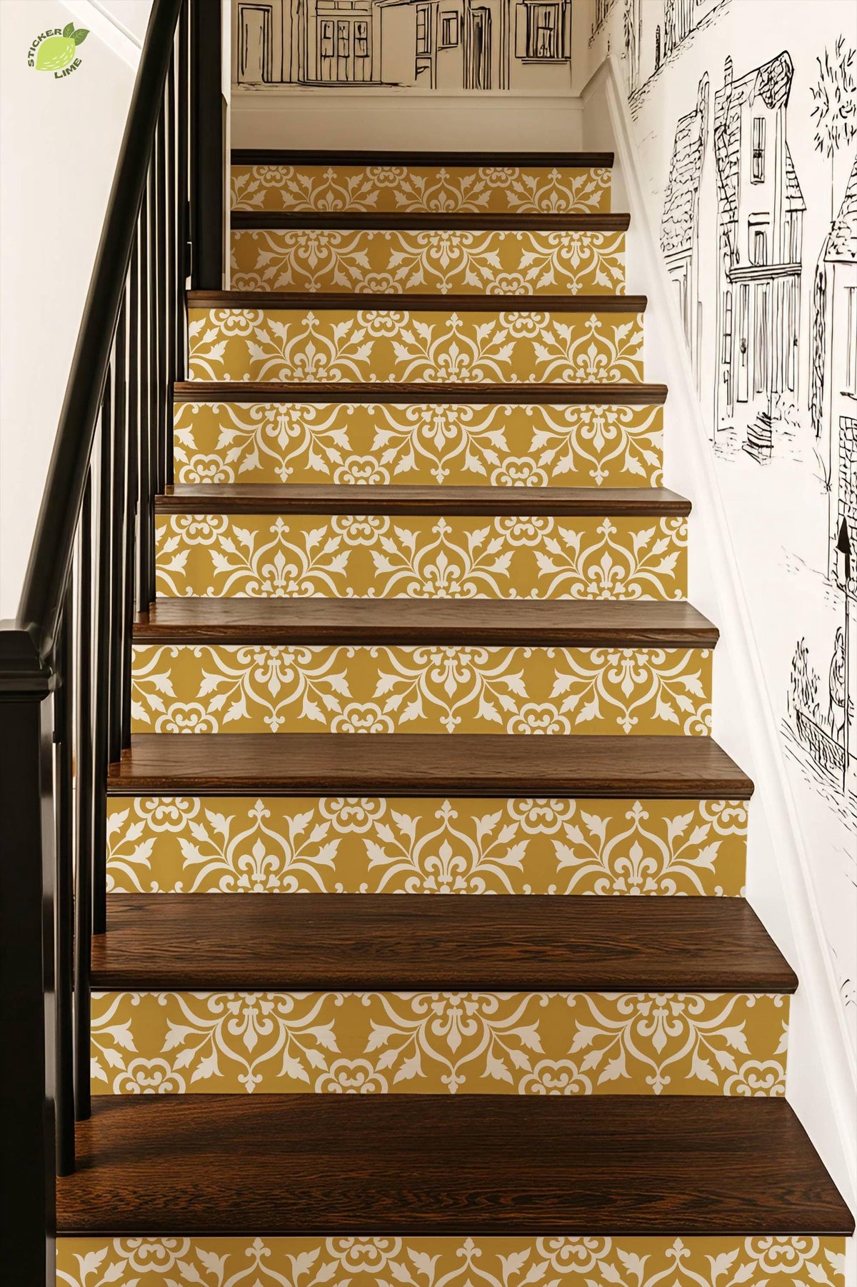 Golden Yellow Baroque Floral Damask peel and stick stair riser decals