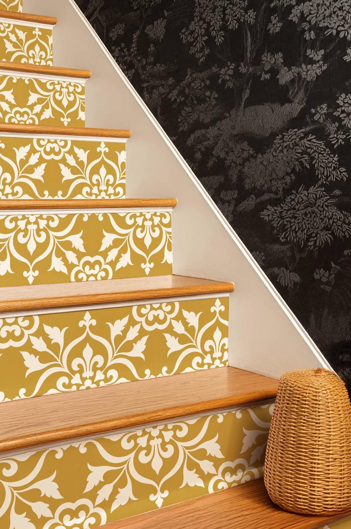 Golden Yellow Baroque Floral Damask peel and stick stair riser decals, photo 2 of 8