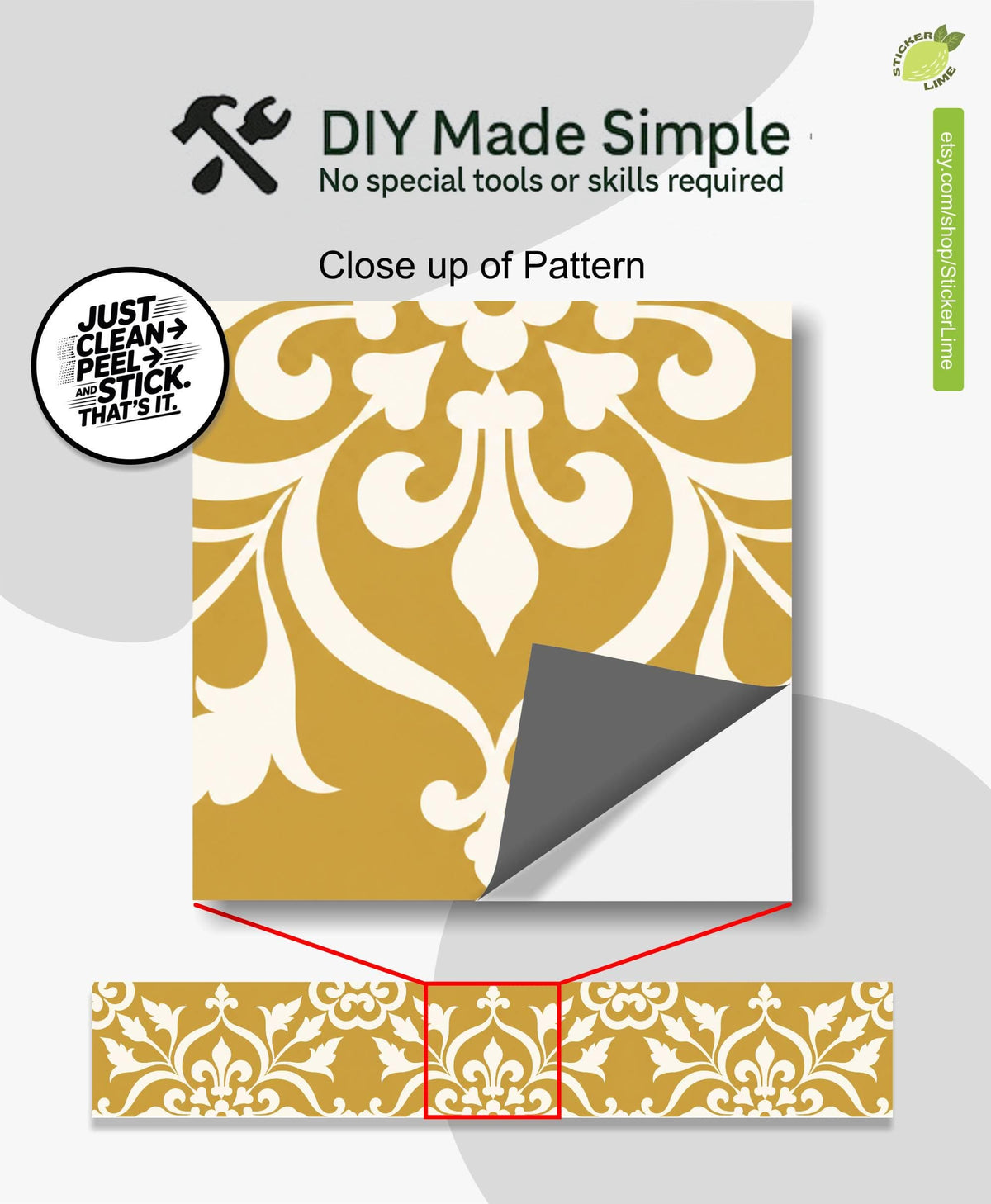 Golden Yellow Baroque Floral Damask peel and stick stair riser decals, photo 3 of 8