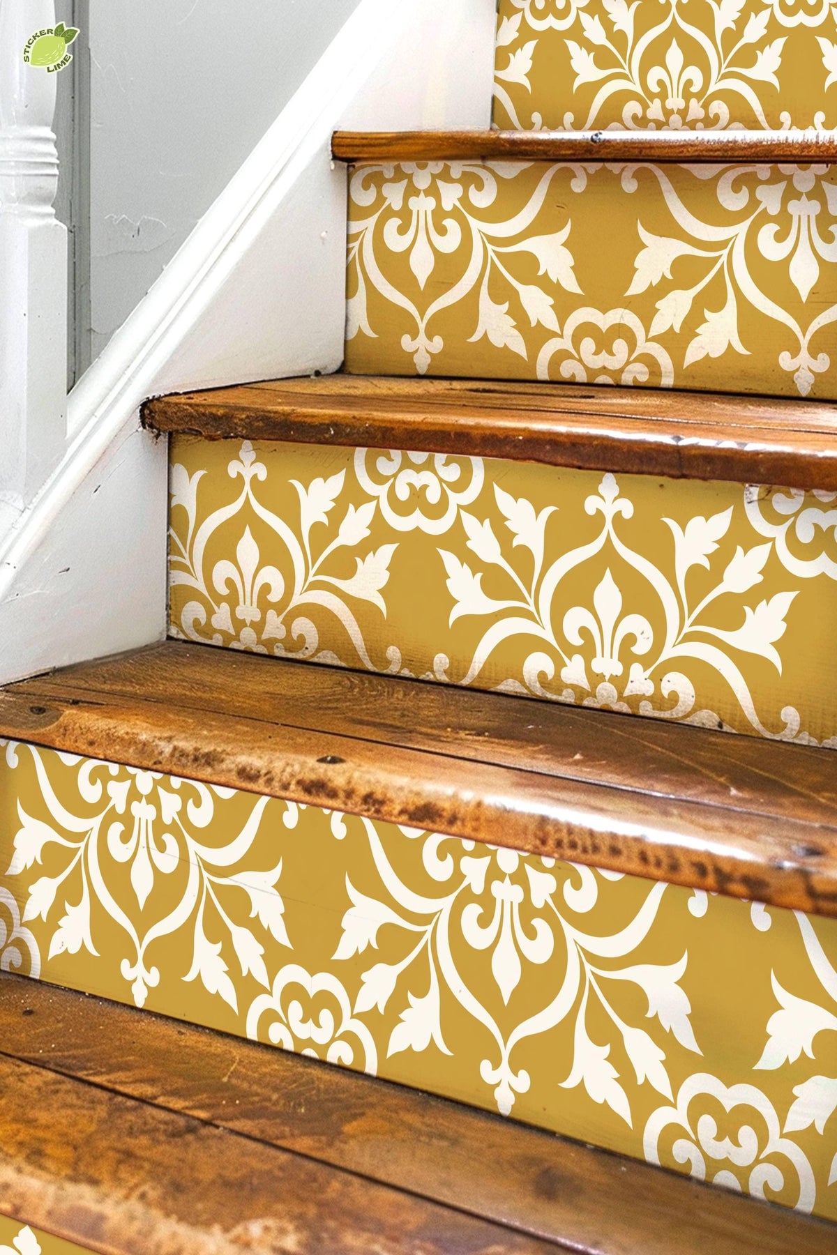 Golden Yellow Baroque Floral Damask peel and stick stair riser decals, photo 4 of 8