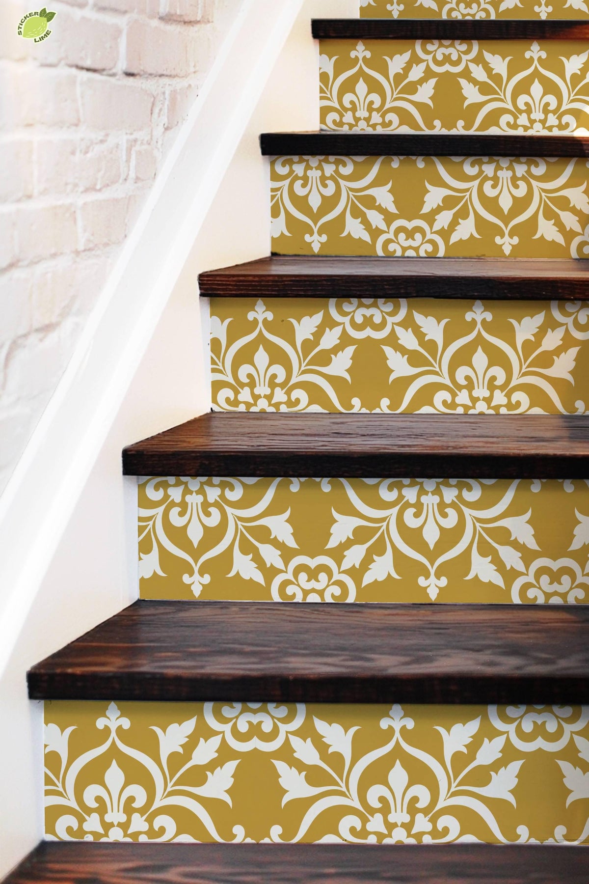 Golden Yellow Baroque Floral Damask peel and stick stair riser decals, photo 6 of 8