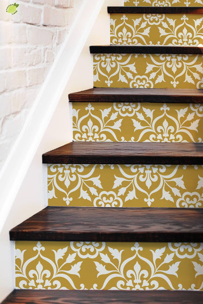 Golden Yellow Baroque Floral Damask peel and stick stair riser decals, photo 6 of 8