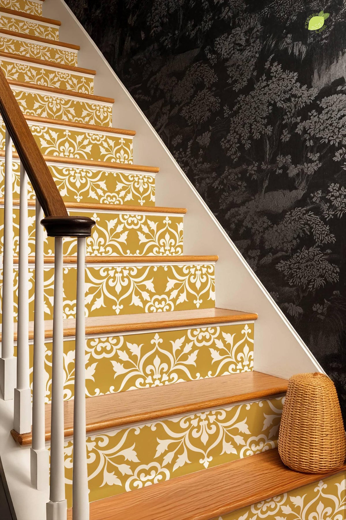 Golden Yellow Baroque Floral Damask peel and stick stair riser decals, photo 8 of 8
