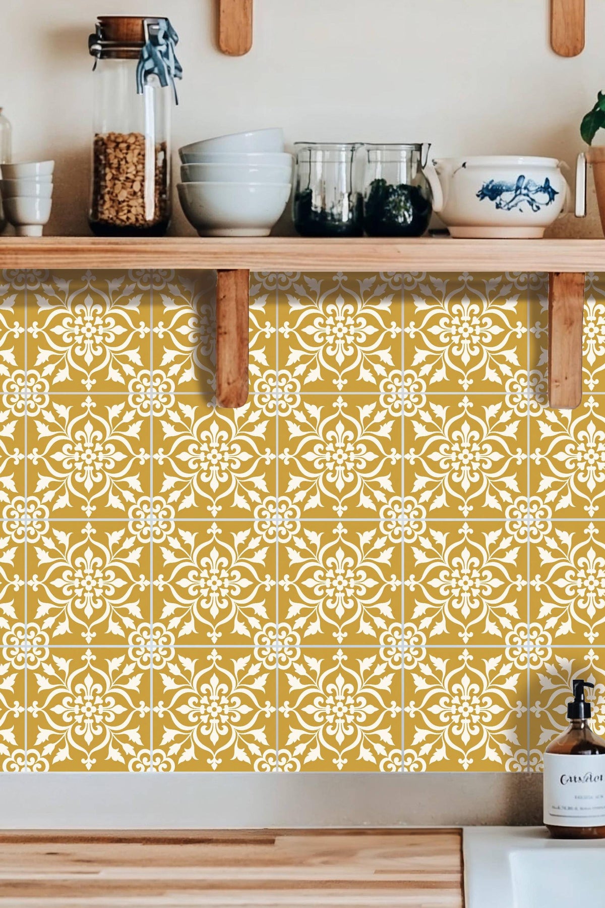 Golden Yellow Baroque Floral Damask peel and stick tile decals
