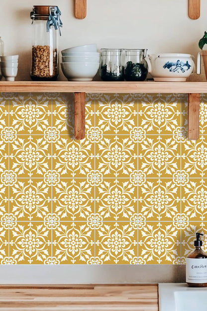 Golden Yellow Baroque Floral Damask peel and stick tile decals