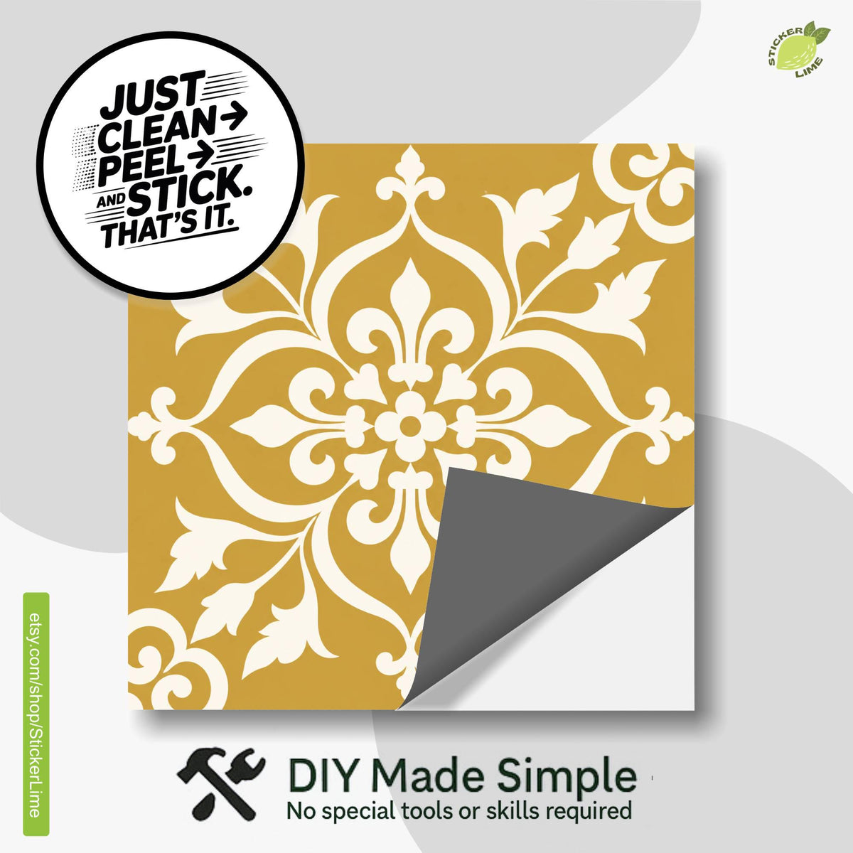 Golden Yellow Baroque Floral Damask peel and stick tile decals, photo 2 of 8