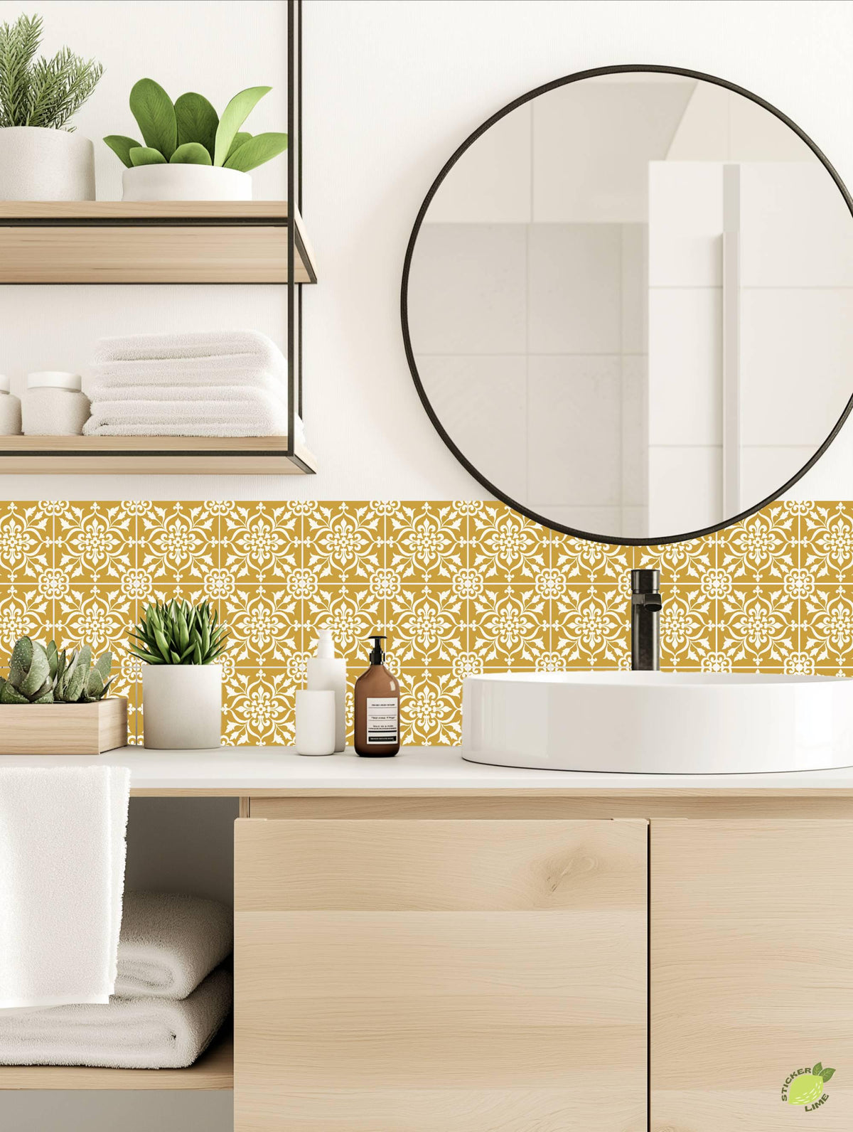 Golden Yellow Baroque Floral Damask peel and stick tile decals, photo 3 of 8