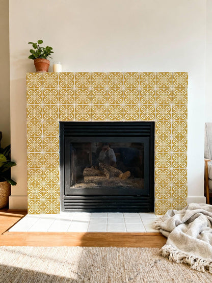 Golden Yellow Baroque Floral Damask peel and stick tile decals, photo 6 of 8