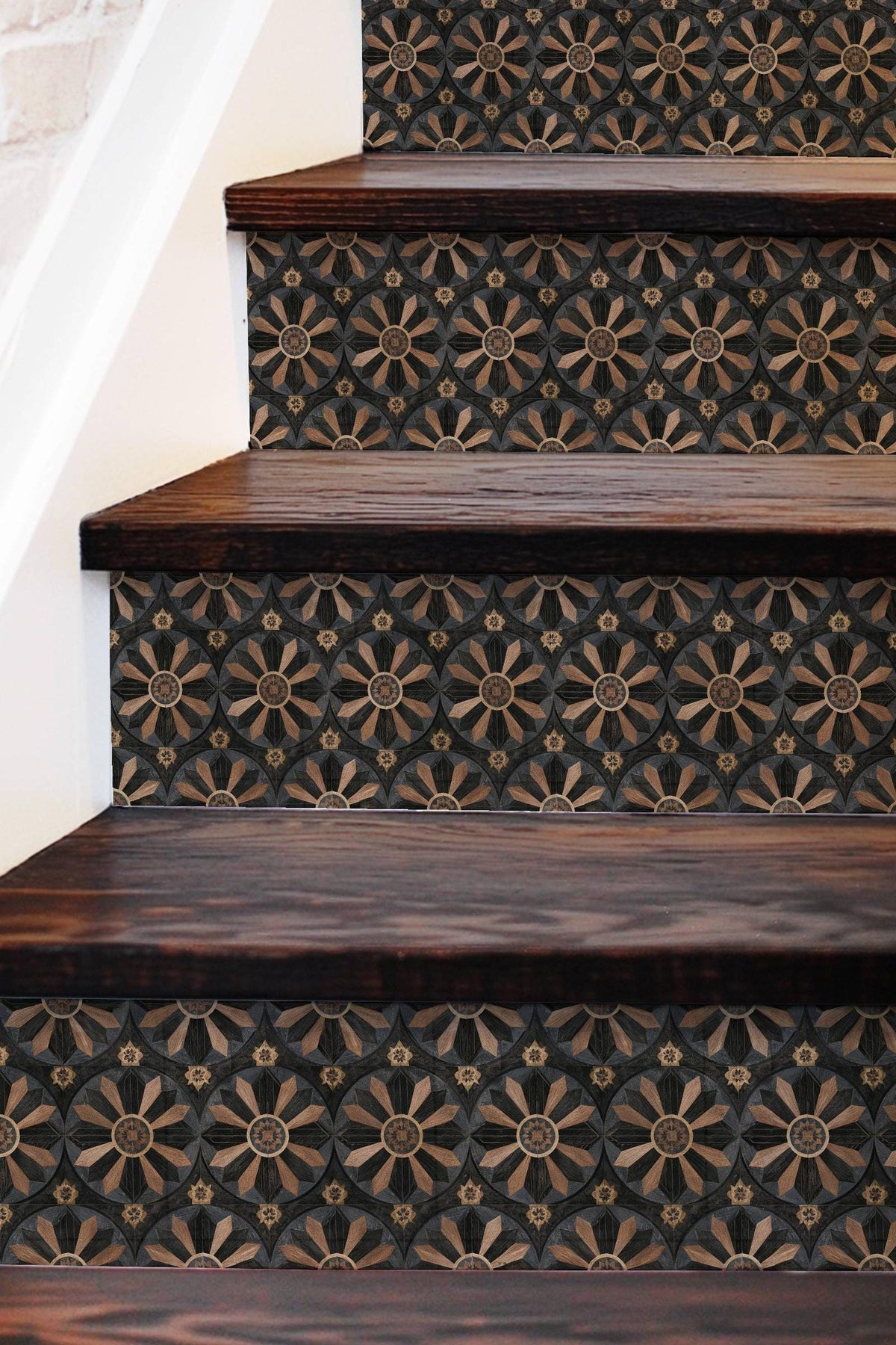 Gothic Starburst Wood Inlay peel and stick stair riser decals