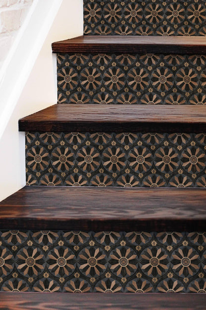 Gothic Starburst Wood Inlay peel and stick stair riser decals