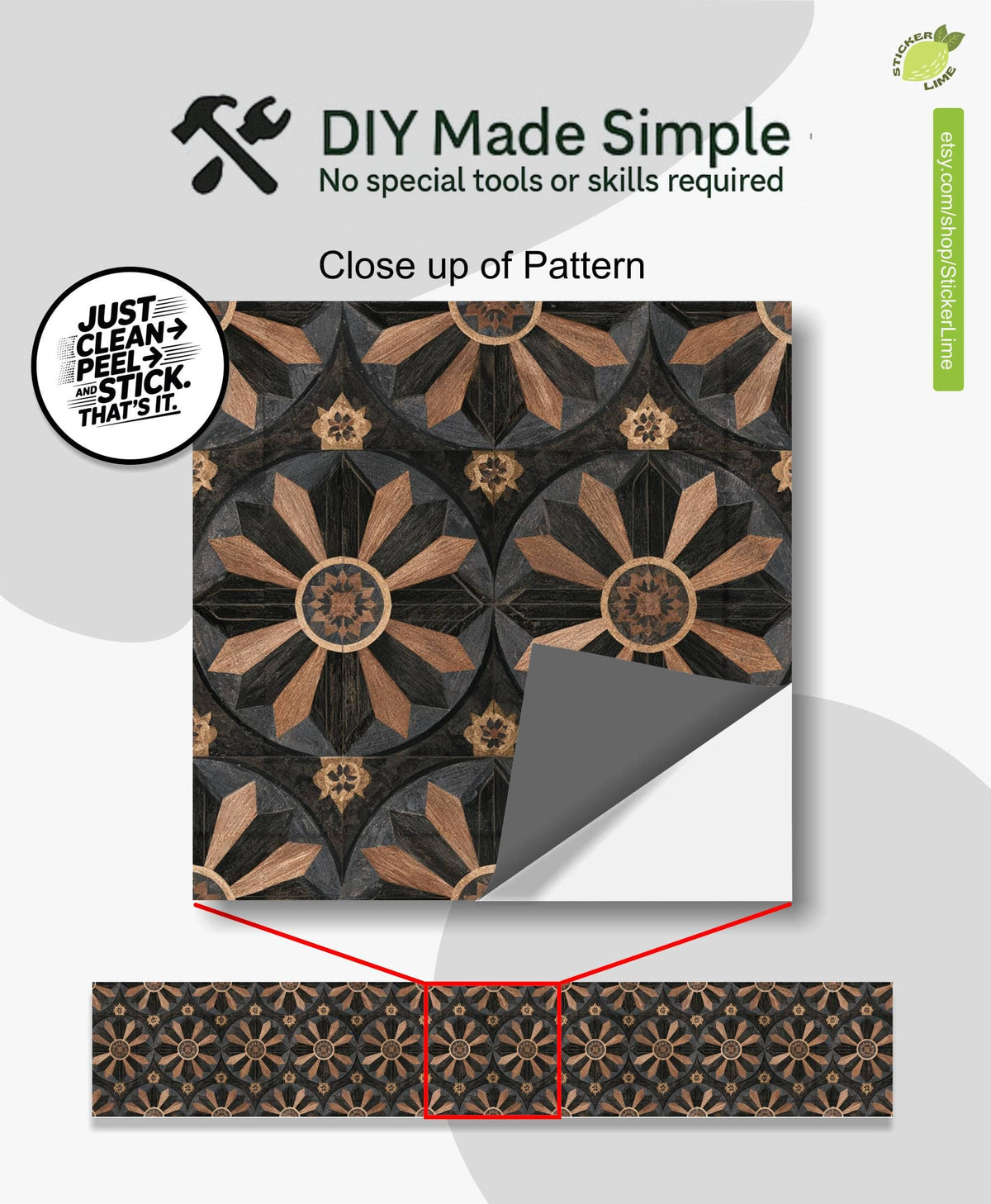 Gothic Starburst Wood Inlay peel and stick stair riser decals, photo 2 of 8