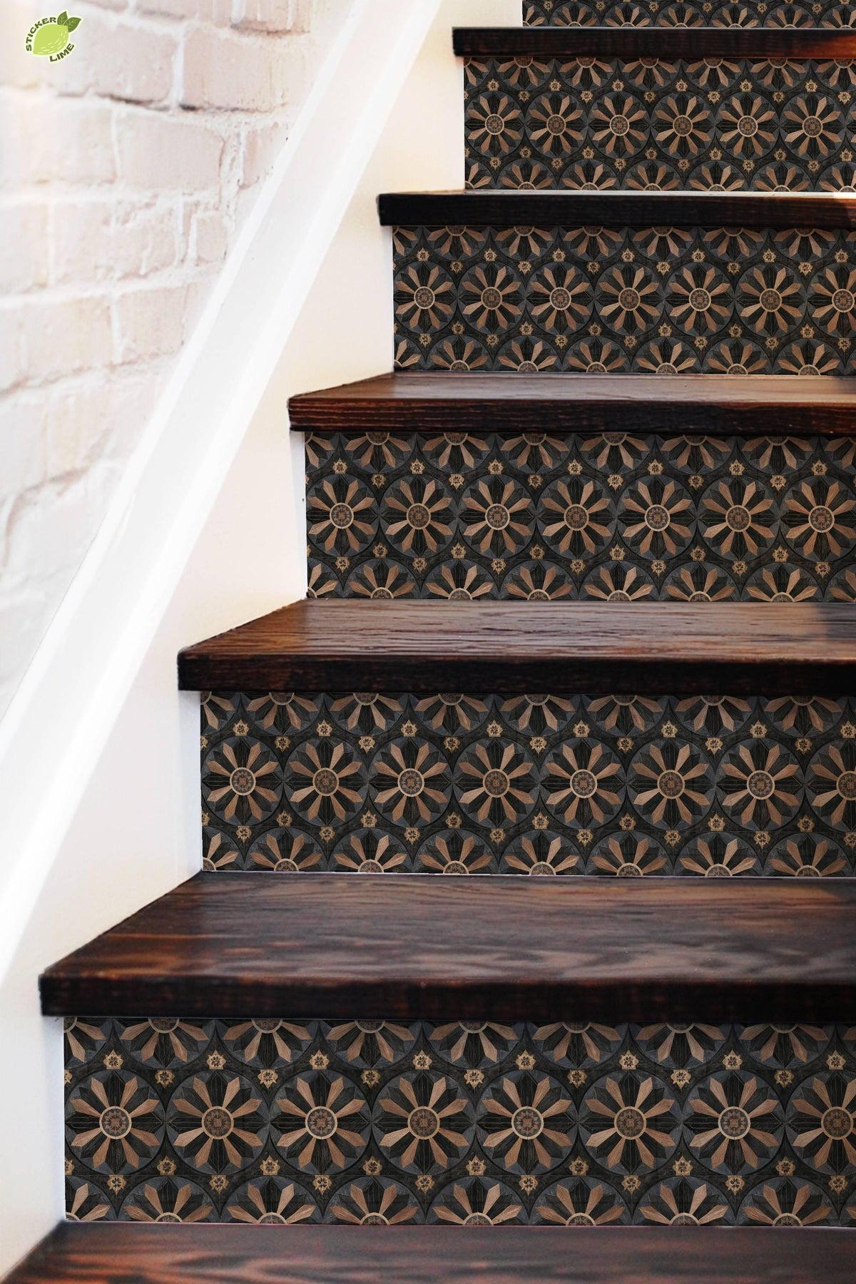 Gothic Starburst Wood Inlay peel and stick stair riser decals, photo 5 of 8