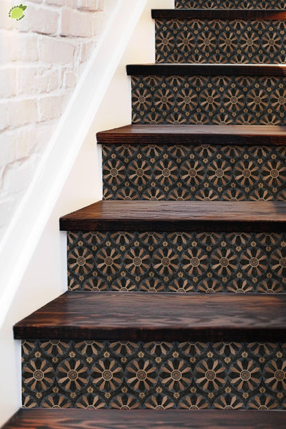 Gothic Starburst Wood Inlay peel and stick stair riser decals, photo 5 of 8