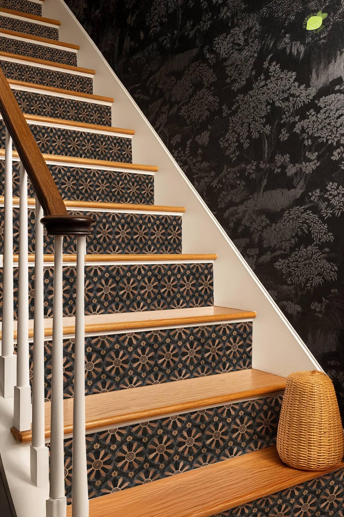 Gothic Starburst Wood Inlay peel and stick stair riser decals, photo 6 of 8