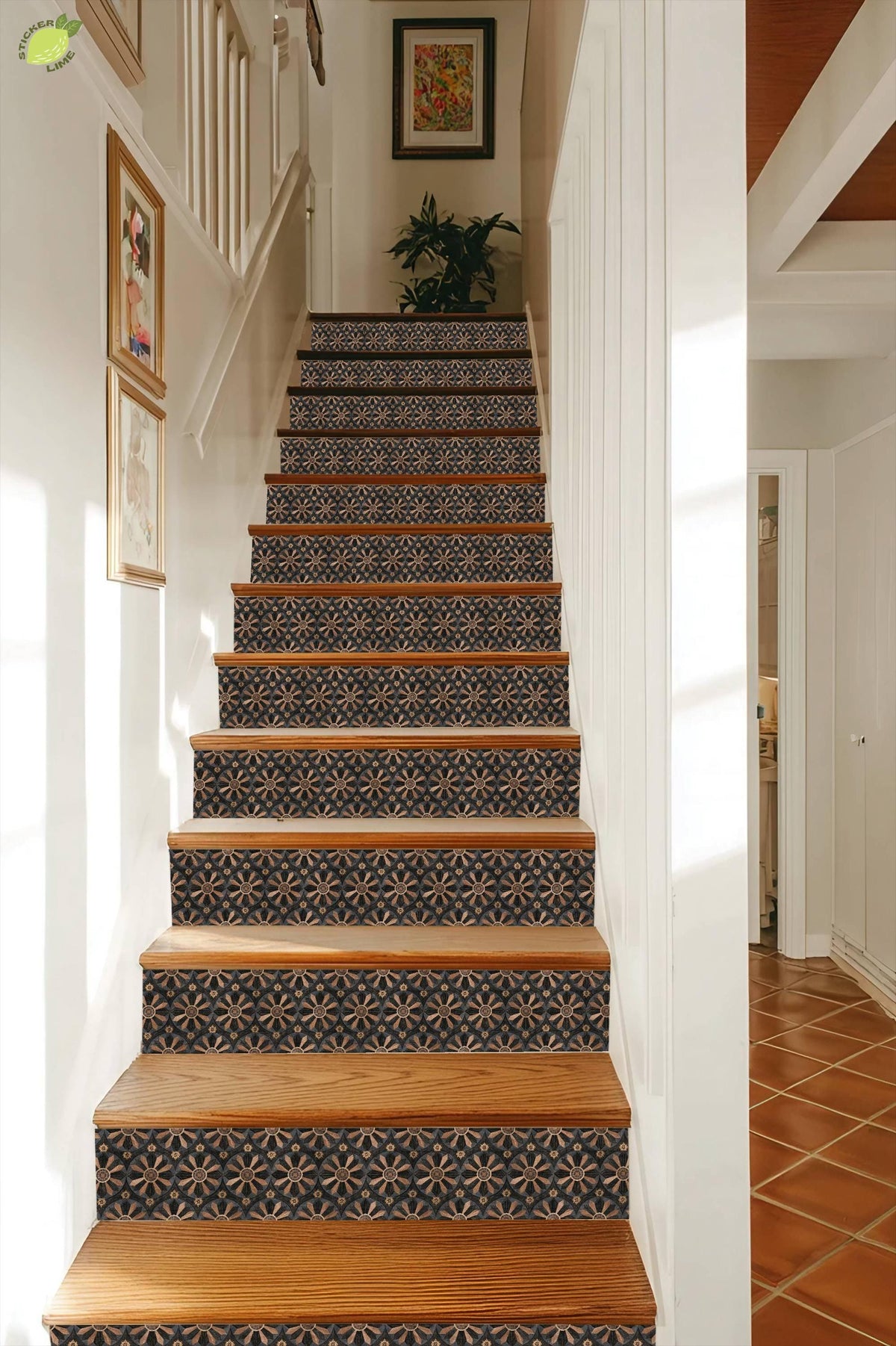 Gothic Starburst Wood Inlay peel and stick stair riser decals, photo 7 of 8