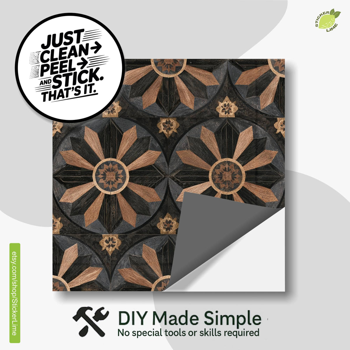 Gothic Starburst Wood Inlay peel and stick tile decals, photo 2 of 8