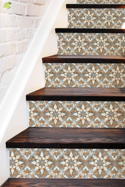 Gray & Brown Rustic Moroccan Tile peel and stick stair riser decals, photo 3 of 8