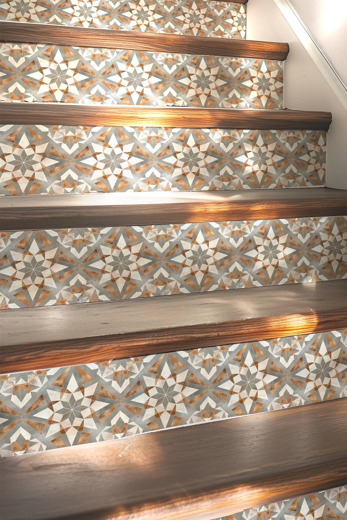 Gray & Brown Rustic Moroccan Tile peel and stick stair riser decals, photo 5 of 8
