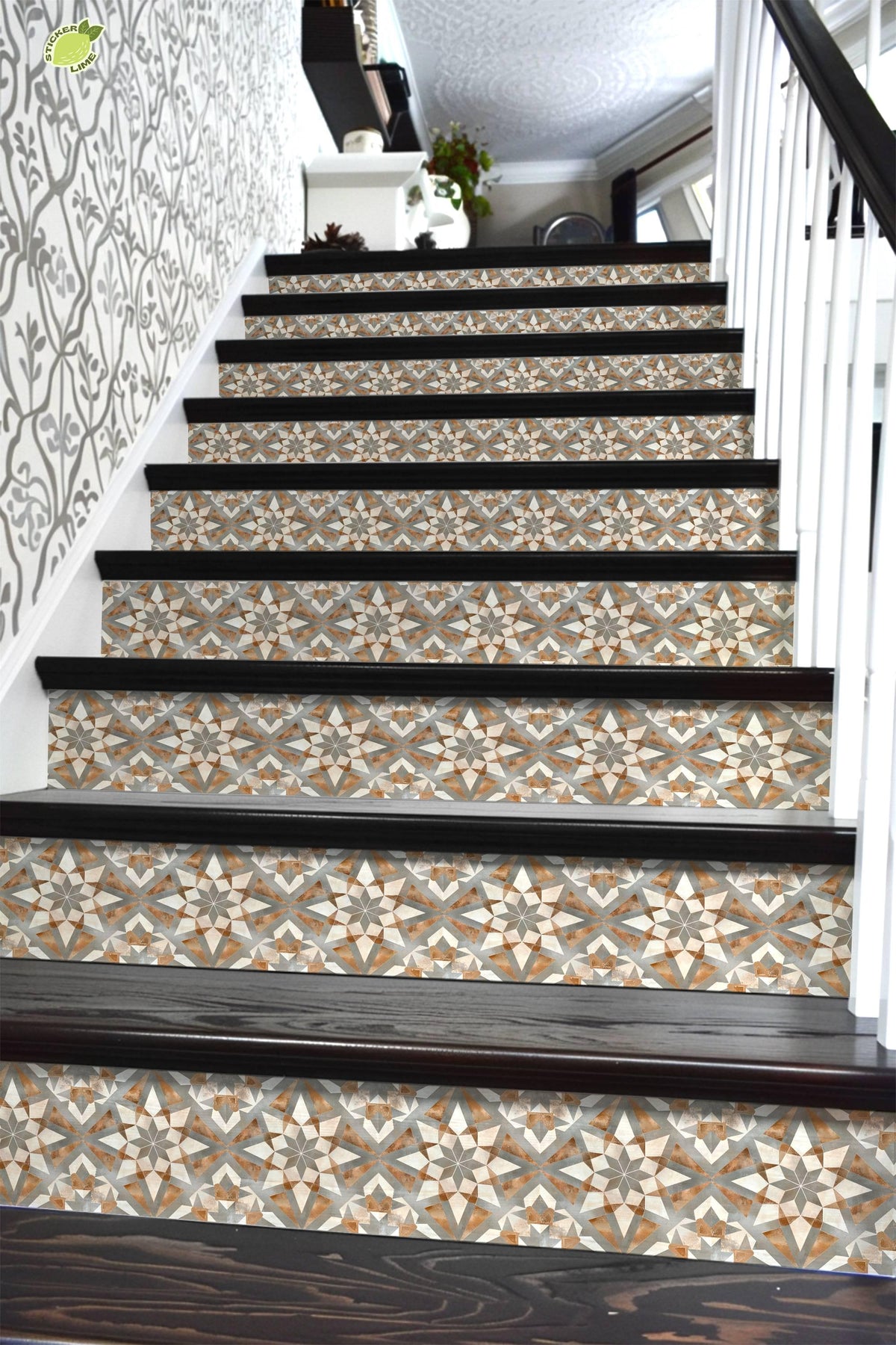 Gray & Brown Rustic Moroccan Tile peel and stick stair riser decals, photo 6 of 8