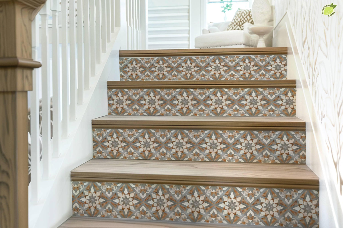 Gray & Brown Rustic Moroccan Tile peel and stick stair riser decals, photo 7 of 8