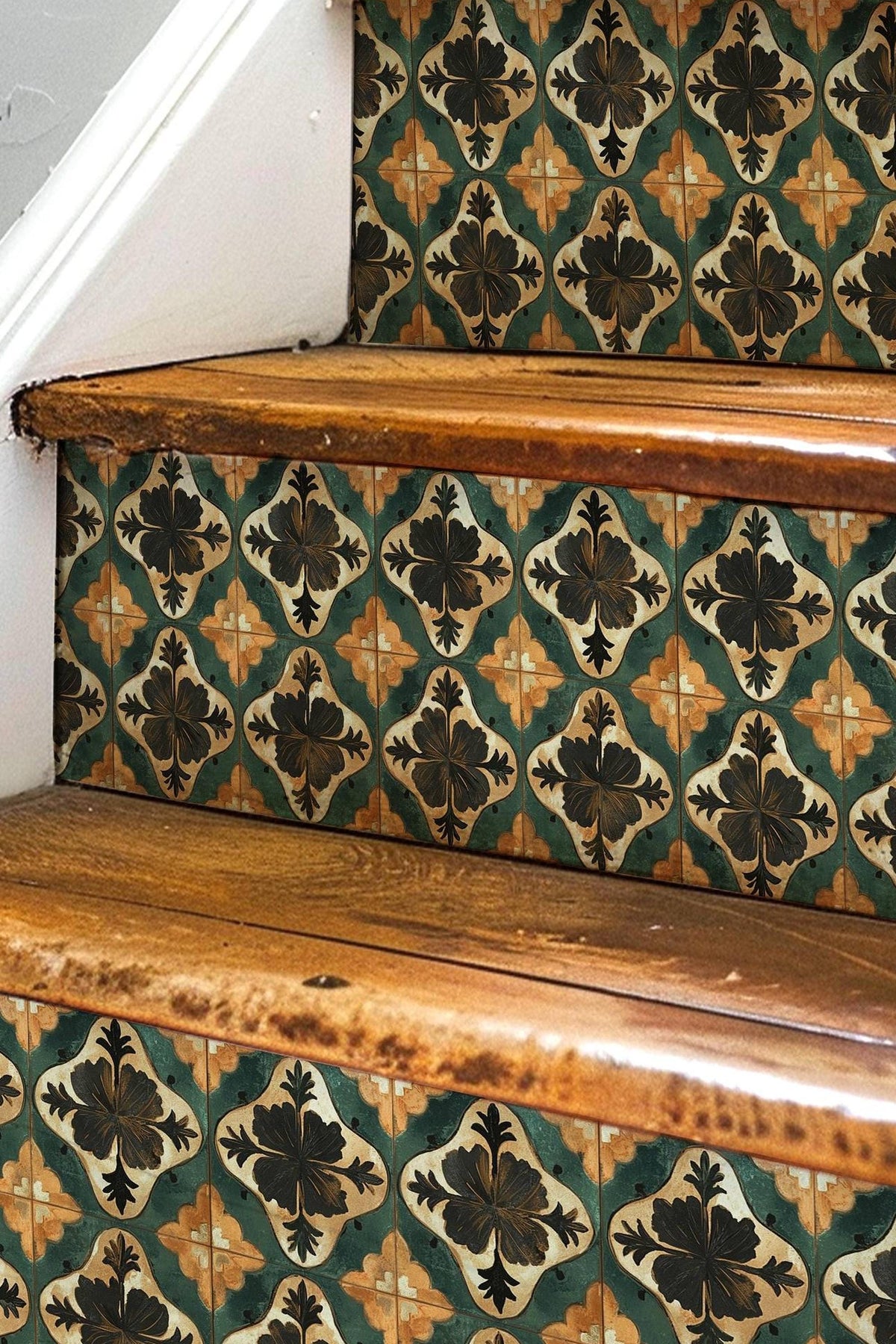 Green & Beige Medieval Tile peel and stick stair riser decals