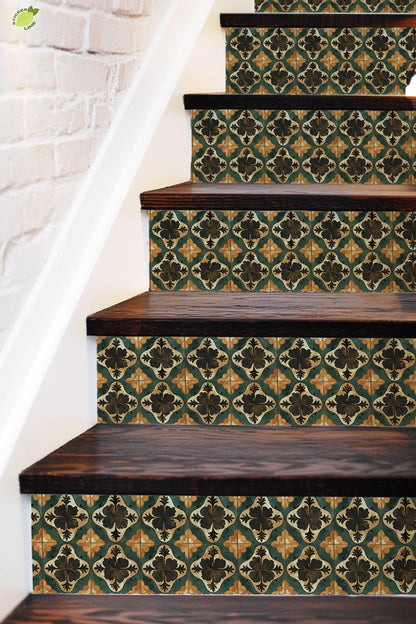 Green & Beige Medieval Tile peel and stick stair riser decals, photo 3 of 8