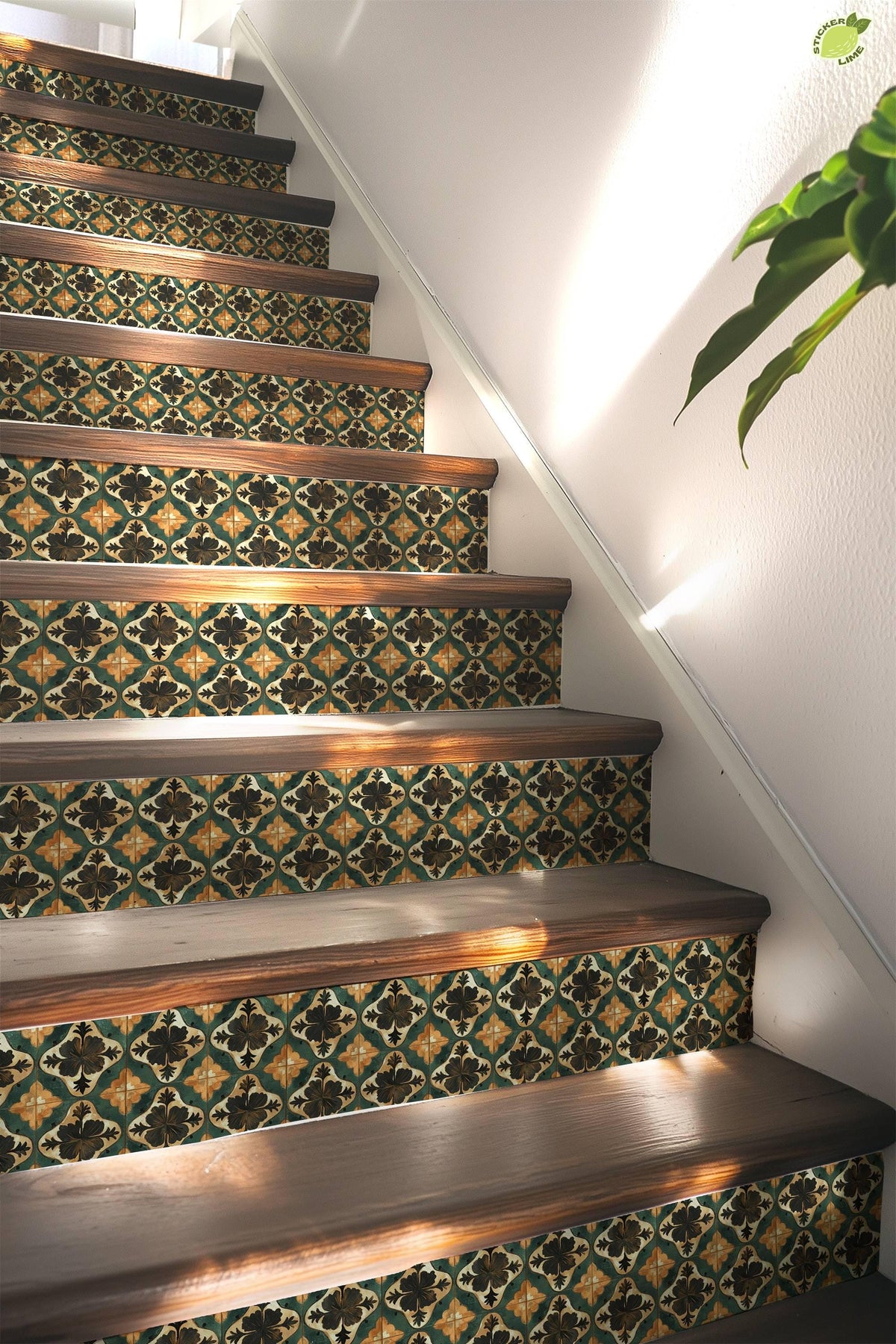 Green & Beige Medieval Tile peel and stick stair riser decals, photo 5 of 8