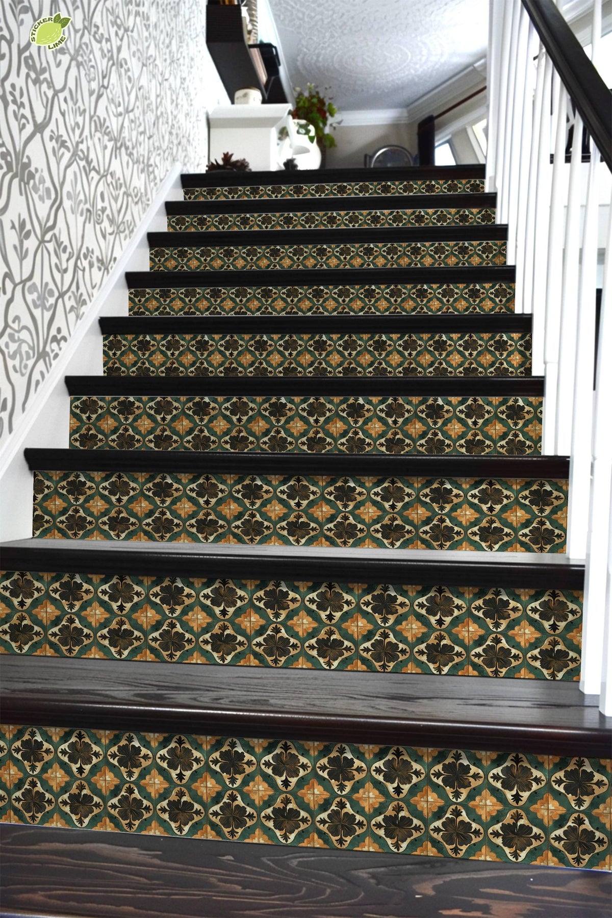 Green & Beige Medieval Tile peel and stick stair riser decals, photo 6 of 8
