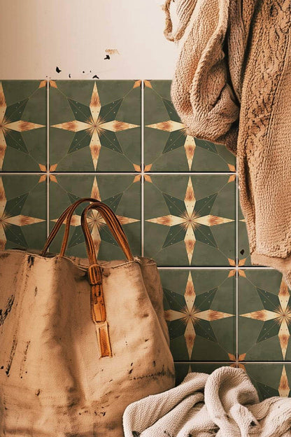 Green & Brown Boho Star peel and stick tile decals
