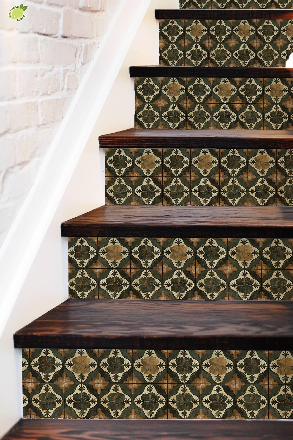 Green & Brown Medieval Tile peel and stick stair riser decals, photo 3 of 8