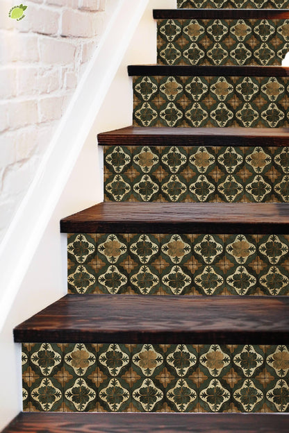 Green & Brown Medieval Tile peel and stick stair riser decals, photo 3 of 8
